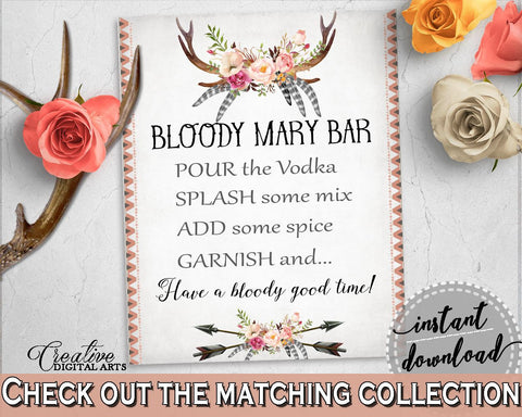 Bloody Mary Bar Sign in Antlers Flowers Bohemian Bridal Shower Gray and Pink Theme, vodka mix, boho floral, party plan, party stuff - MVR4R - Digital Product