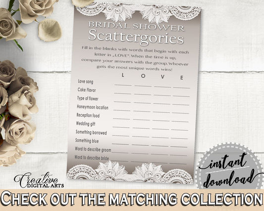 Scattergories Game in Traditional Lace Bridal Shower Brown And Silver Theme, love scattergories, elegant bridal, customizable files - Z2DRE - Digital Product