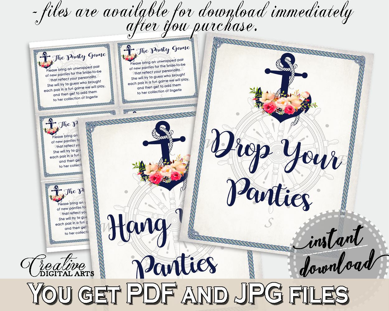 Navy Blue Nautical Anchor Flowers Bridal Shower Theme: Drop Your Panties - bridal panty game, sailorly, prints, digital print - 87BSZ - Digital Product