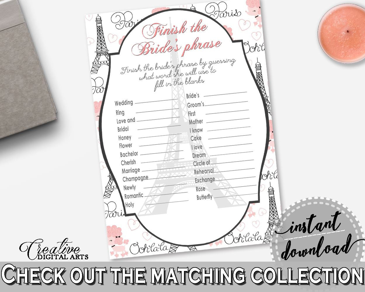 Paris Bridal Shower Finish The Bride's Phrase Game in Pink And Gray, read bride's mind, bridal shower paris, printables, pdf jpg - NJAL9 - Digital Product