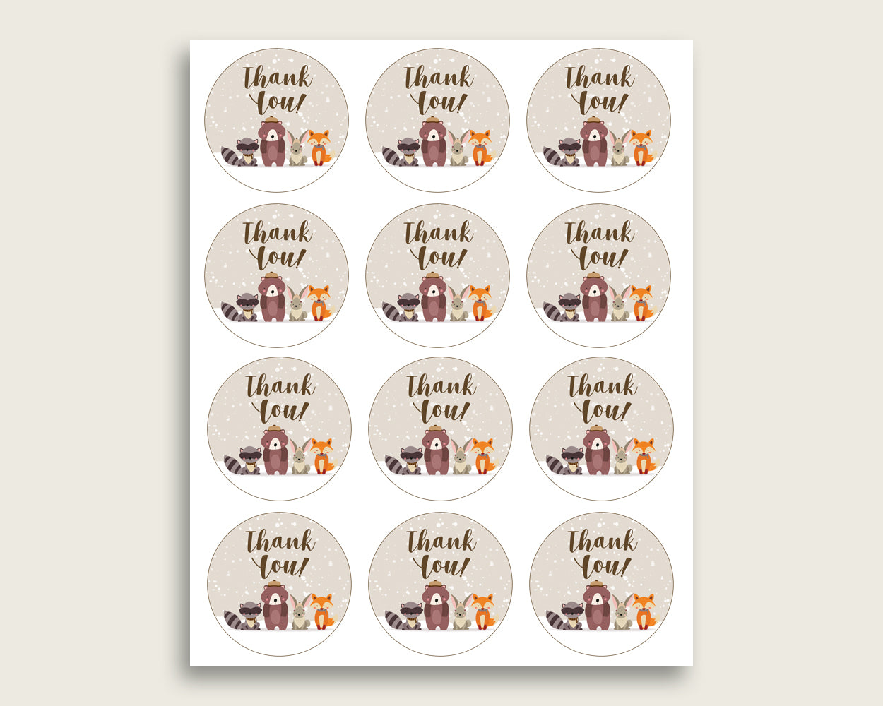 Winter Woodland Baby Shower Round Thank You Tags 2 inch Printable, Beige Brown Favor Gift Tags, Gender Neutral Shower Hang Tags Labels RM4SN