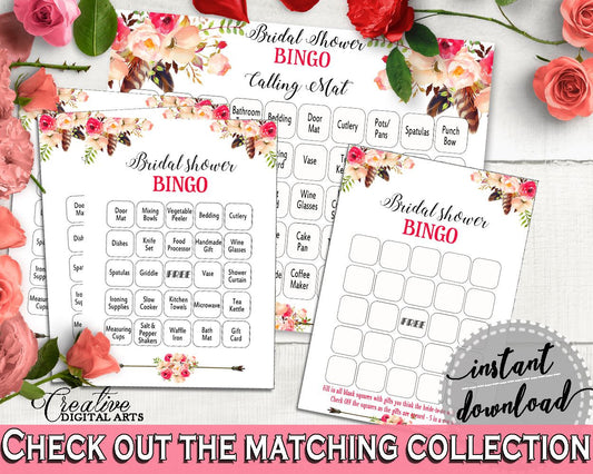 Pink And Red Bohemian Flowers Bridal Shower Theme: Bingo 60 Cards - bingo sheets, feathers theme, party organizing, party plan - 06D7T - Digital Product