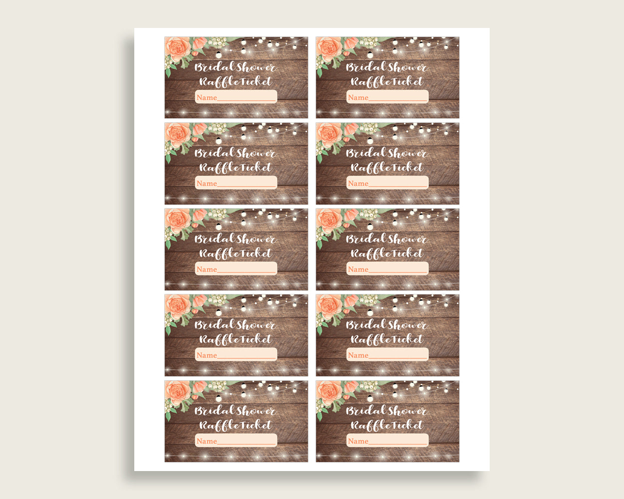 Raffle Ticket Bridal Shower Raffle Ticket Rustic Bridal Shower Raffle Ticket Bridal Shower Flowers Raffle Ticket Brown Beige prints SC4GE