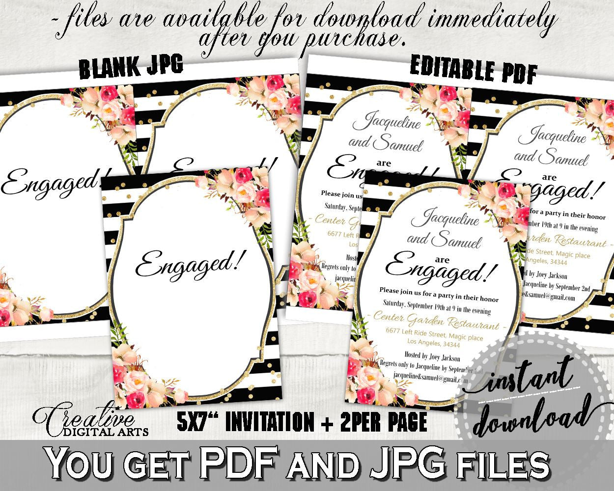 Engaged Invitation Editable in Flower Bouquet Black Stripes Bridal Shower Black And Gold Theme, engagement dinner, shower activity - QMK20 - Digital Product