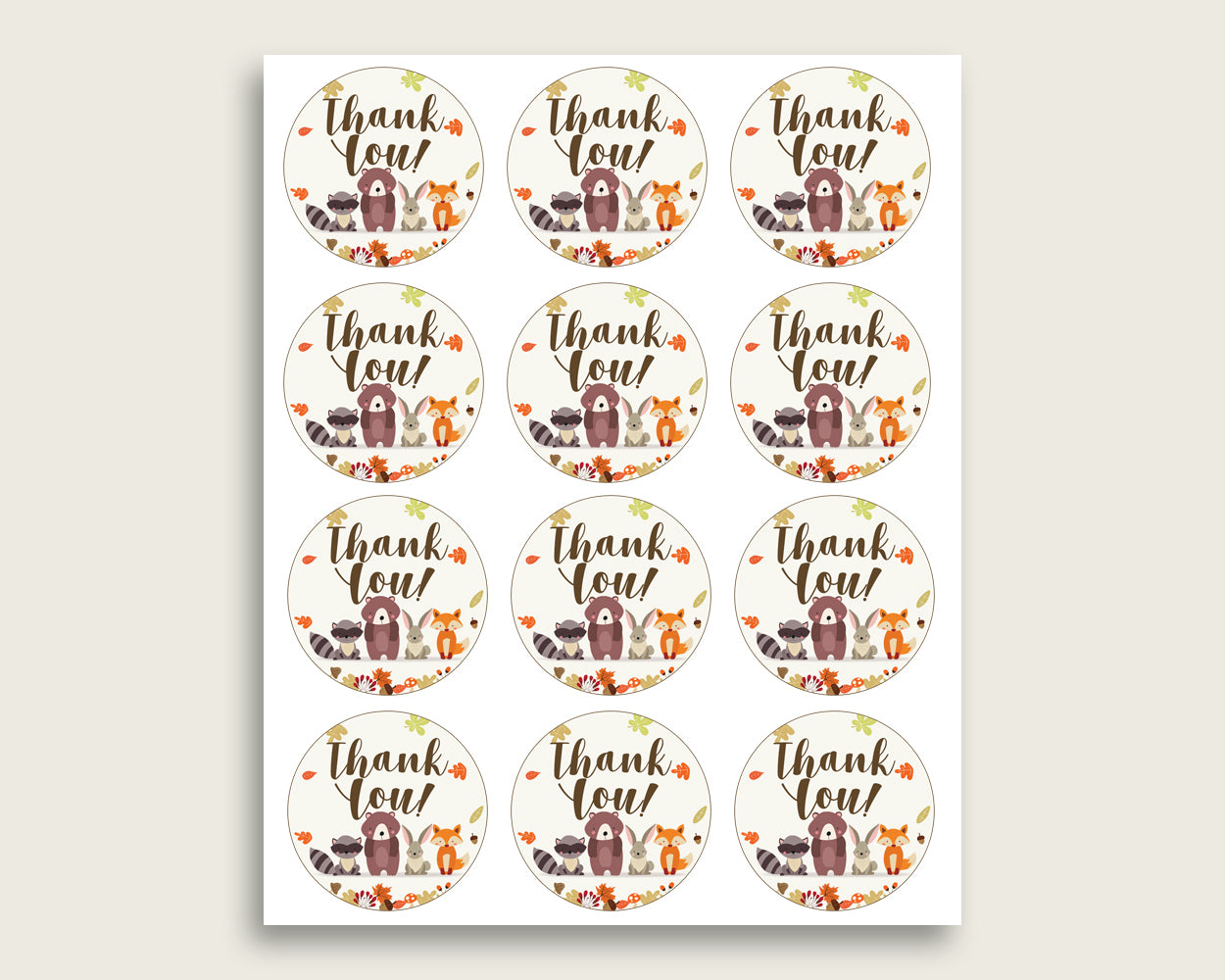 Woodland Baby Shower Round Thank You Tags 2 inch Printable, Brown Beige Favor Gift Tags, Gender Neutral Shower Hang Tags Labels w0001