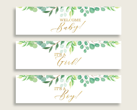 Green Gold Water Bottle Labels Printable, Greenery Water Bottle Wraps, Greenery Baby Shower Gender Neutral Bottle Wrappers, Instant Y8X33