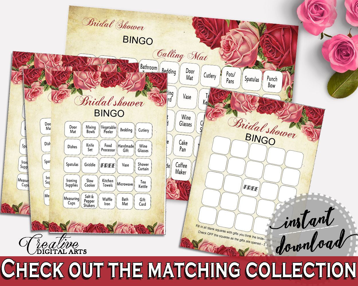 Bingo Bridal Shower Bingo Vintage Bridal Shower Bingo Bridal Shower Vintage Bingo Red Pink party supplies, digital print, prints XBJK2 - Digital Product