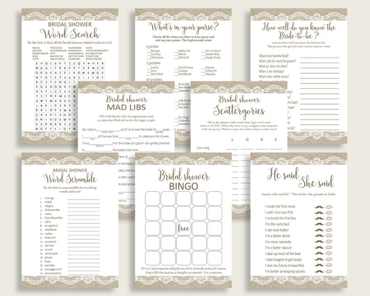 Games Bridal Shower Games Burlap And Lace Bridal Shower Games Bridal Shower Burlap And Lace Games Brown White party décor prints NR0BX