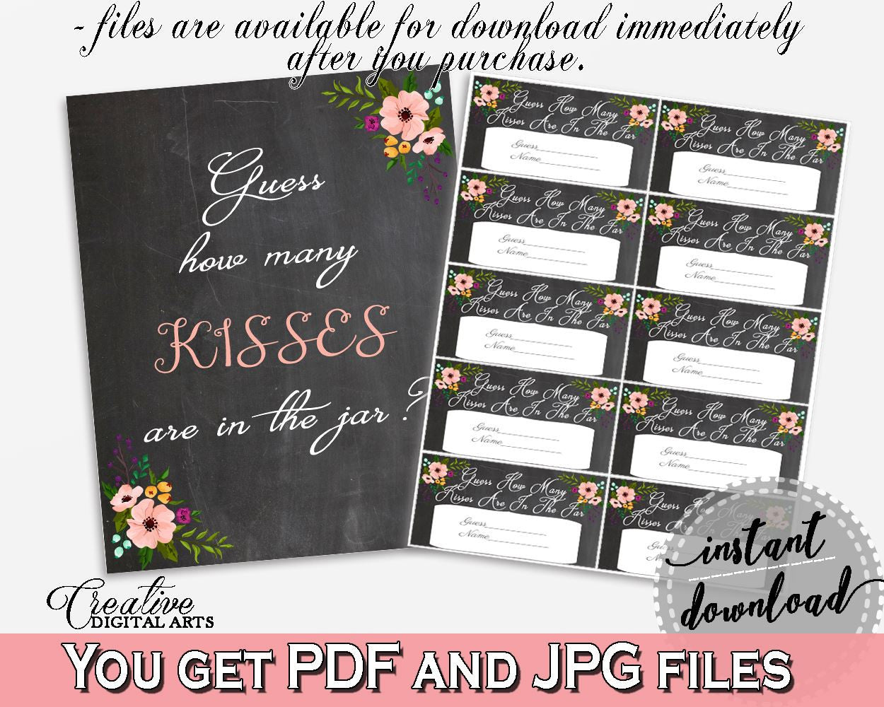 Guess How Many Kisses Game in Chalkboard Flowers Bridal Shower Black And Pink Theme, presume game, chalkboard floral, party plan - RBZRX - Digital Product