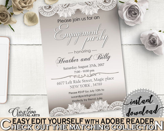 Brown And Silver Traditional Lace Bridal Shower Theme: Engagement Party Invitation Editable - inexpensive shower, party planning - Z2DRE - Digital Product