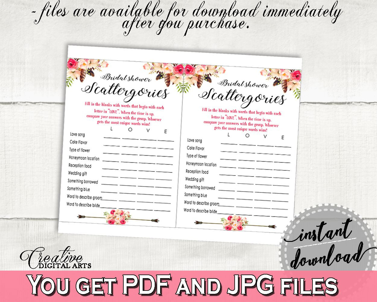 Bohemian Flowers Bridal Shower Scattergories Game in Pink And Red, bridal scattergories, bouquet boho, party décor, party ideas - 06D7T - Digital Product