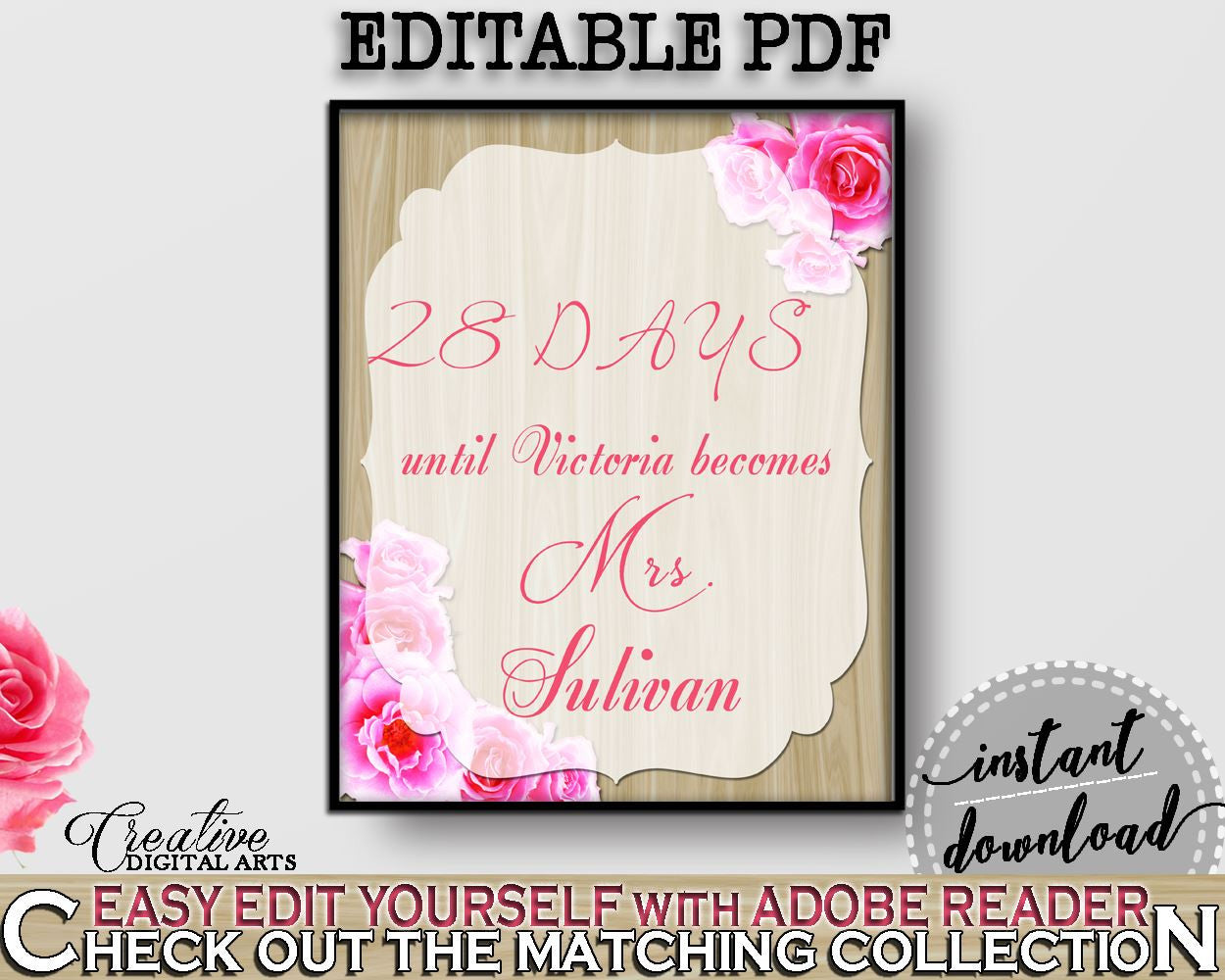 Pink And Beige Roses On Wood Bridal Shower Theme: Days Until Becomes - countdown to wedding, khaki bridal shower, bridal shower idea - B9MAI - Digital Product