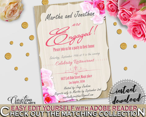 Pink And Beige Roses On Wood Bridal Shower Theme: Engaged Invitation Editable - editable invite, shabby rose, party supplies, prints - B9MAI - Digital Product