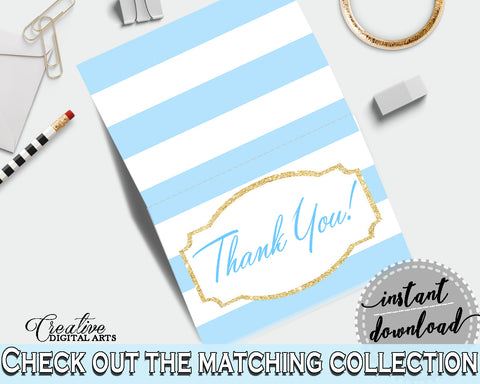 Baby shower printable THANK YOU card with blue and white stripes for boys, digital jpg pdf, instant download - bs002