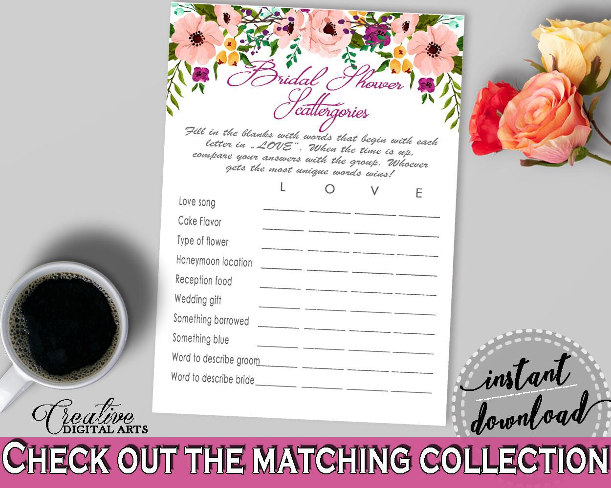 Scattergories Game in Watercolor Flowers Bridal Shower White And Pink Theme, burgundy game, flowers theme, party plan, party stuff - 9GOY4 - Digital Product