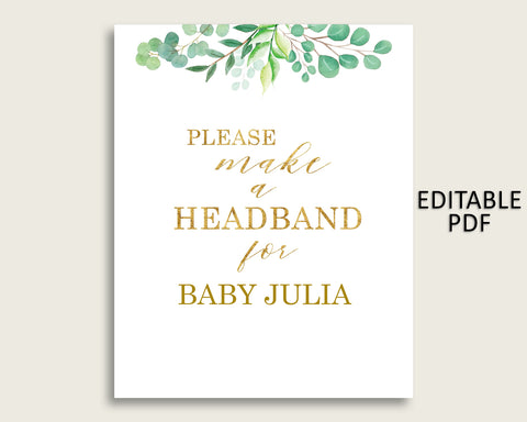 Greenery Baby Shower Headband Sign, Green Gold Headband Station Sign Editable, Gender Neutral Shower Headband For Baby, Instant Y8X33