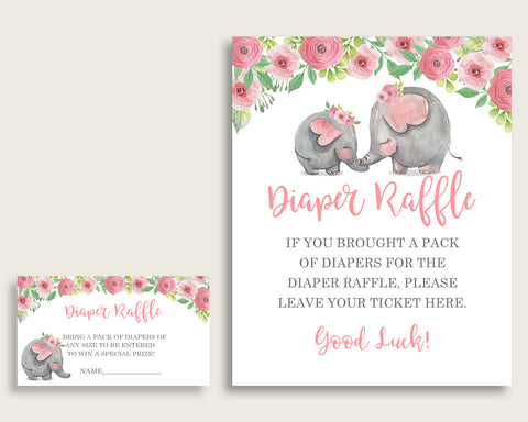 Pink Elephant Baby Shower Diaper Raffle Tickets Game, Girl Pink Grey Diaper Raffle Card Insert and Sign Printable, Instant Download ep001