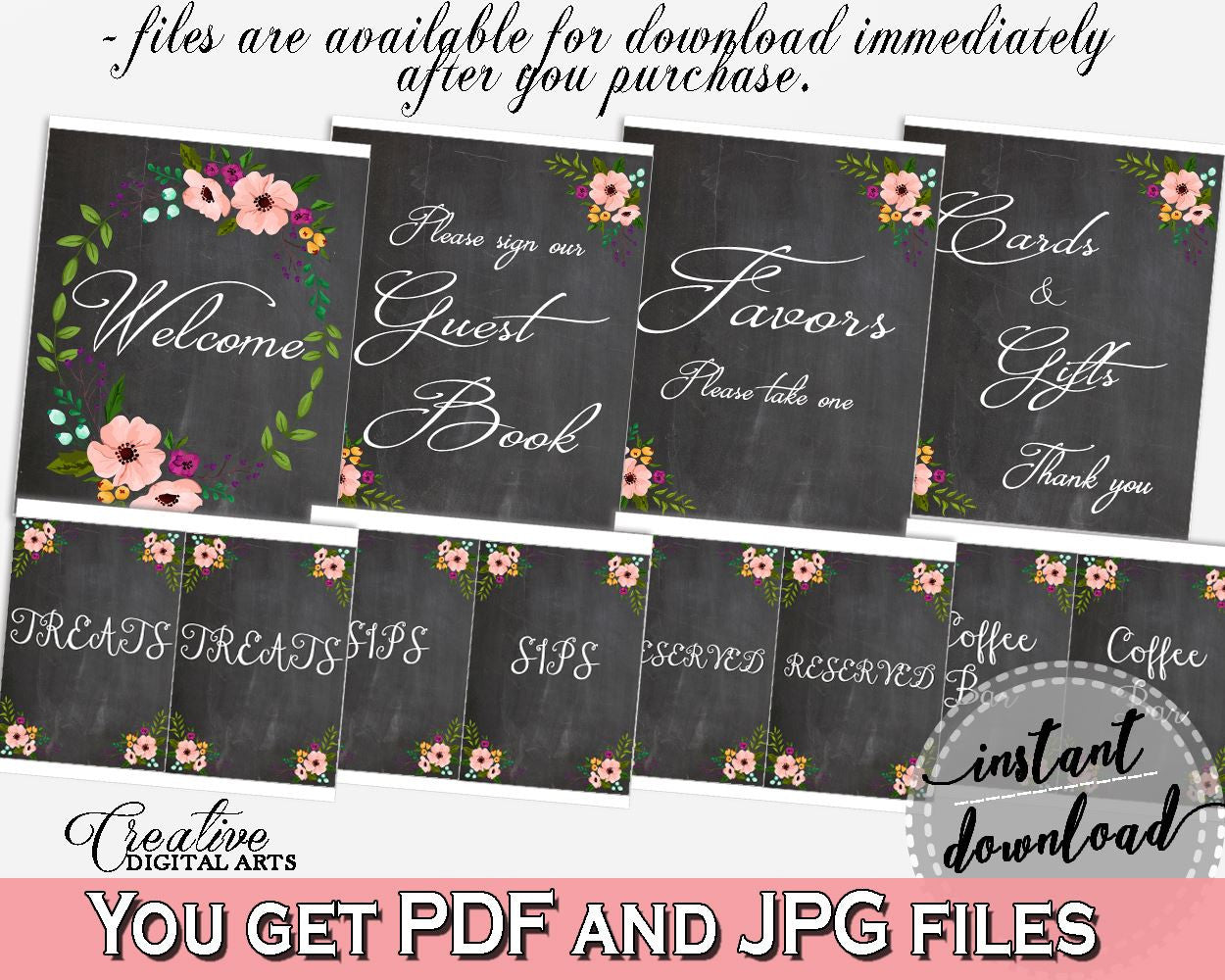 Table Signs Bundle in Chalkboard Flowers Bridal Shower Black And Pink Theme, table signs shower, chalk floral bridal, party planning - RBZRX - Digital Product