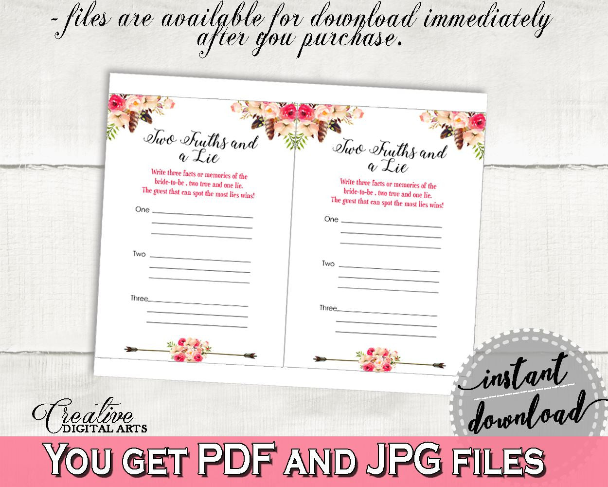 Pink And Red Bohemian Flowers Bridal Shower Theme: Two Truths And A Lie Game - hens party, boho chic, party decor, paper supplies - 06D7T - Digital Product