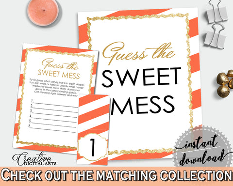 Baby shower GUESS the SWEET MESS game cards tents and sign with orange striped theme, glitter gold, Jpg Pdf, instant download - bs003