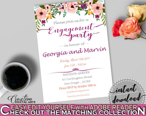 Watercolor Flowers Bridal Shower Engagement Party Invitation Editable in White And Pink, diy invitation, party decor, party theme - 9GOY4 - Digital Product