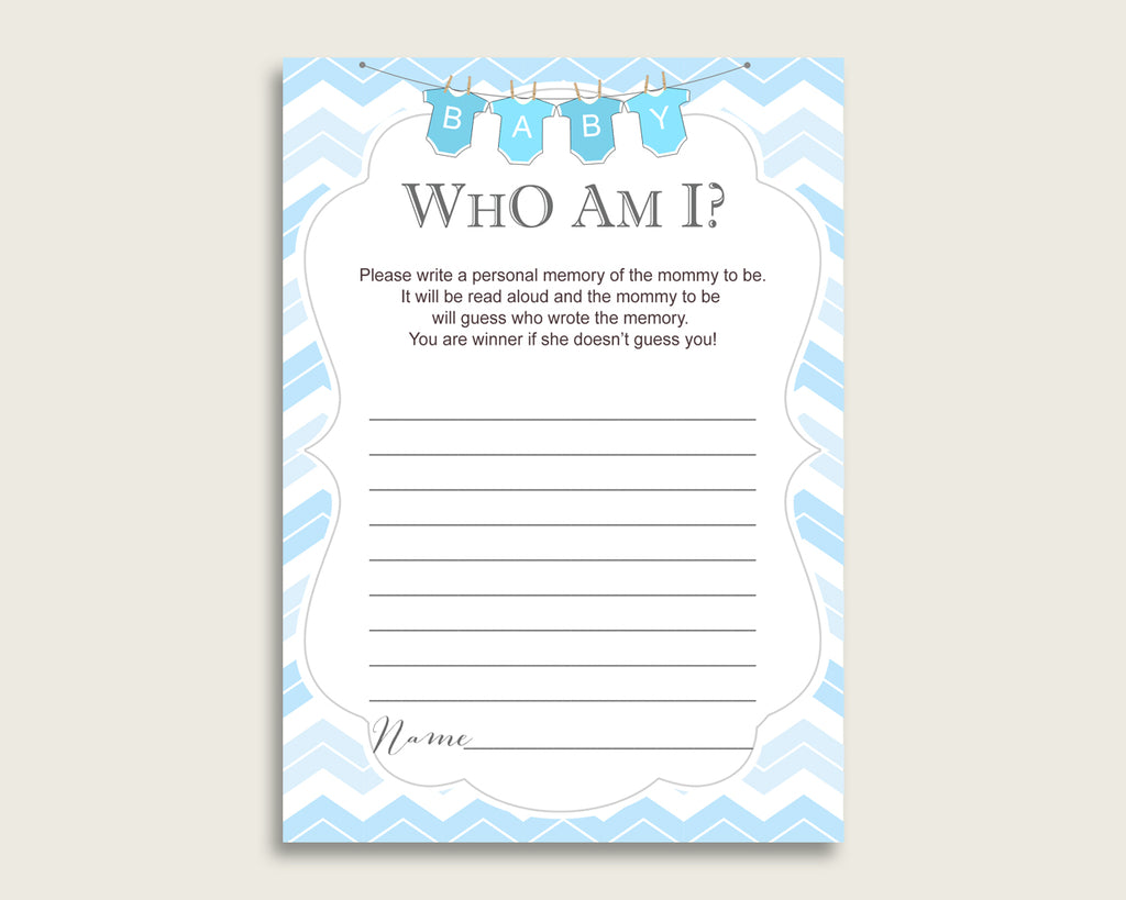 Chevron Who Am I Game Printable, Boy Baby Shower Memory With Mommy, Blue White Baby Shower Activity, Instant Download, Popular cbl01