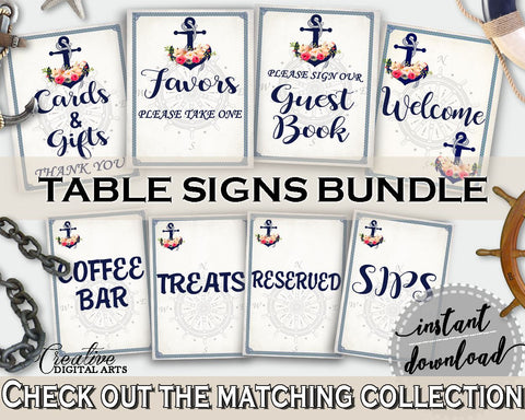 Table Signs Bundle in Nautical Anchor Flowers Bridal Shower Navy Blue Theme, please take a treat, oceanic theme, shower activity - 87BSZ - Digital Product