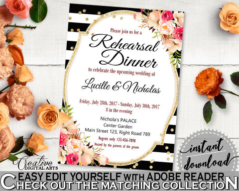 Rehearsal Dinner Invitation Editable in Flower Bouquet Black Stripes Bridal Shower Black And Gold Theme, wedding rehearsal, prints - QMK20 - Digital Product