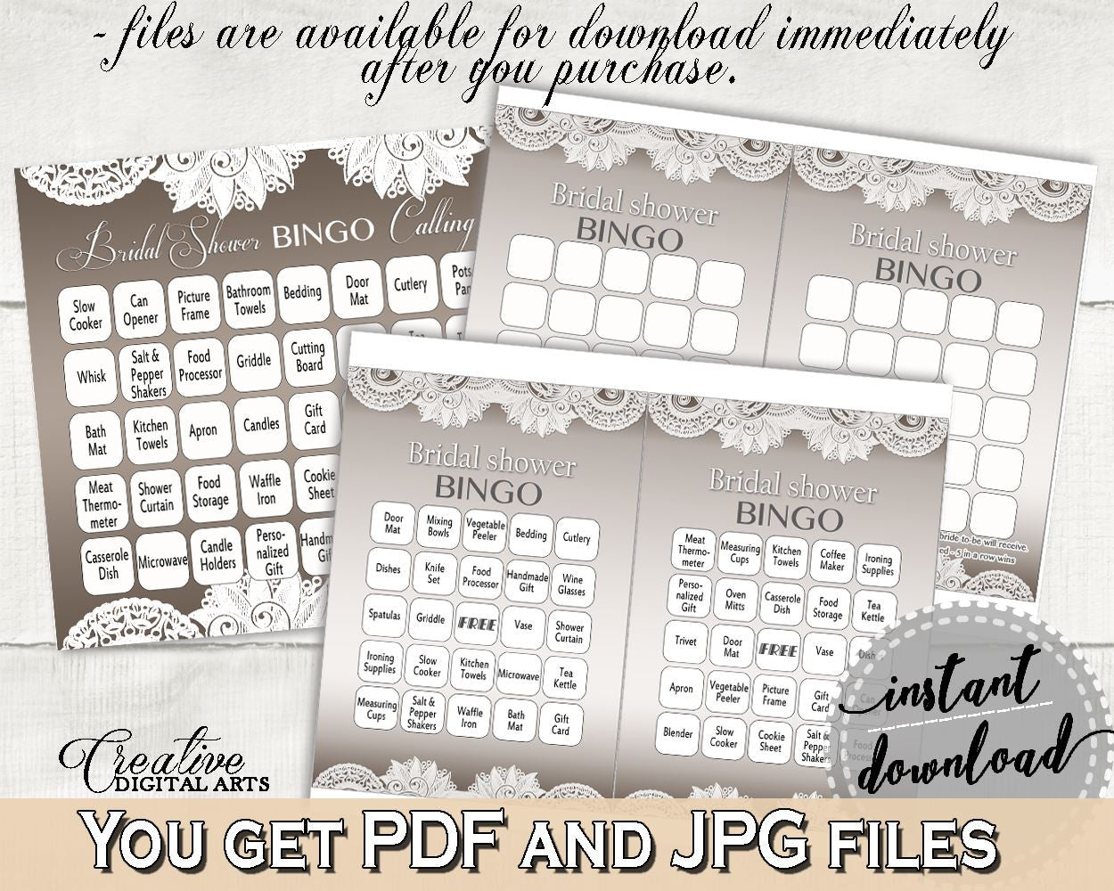 Bingo 60 Cards in Traditional Lace Bridal Shower Brown And Silver Theme, filled bingo, shower threadwork, party organization, prints - Z2DRE - Digital Product