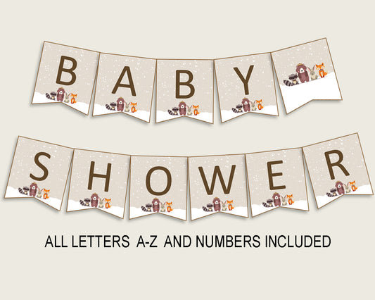 Winter Woodland Baby Shower Banner All Letters, Birthday Party Banner Printable A-Z, Beige Brown Banner Decoration Letters Gender RM4SN