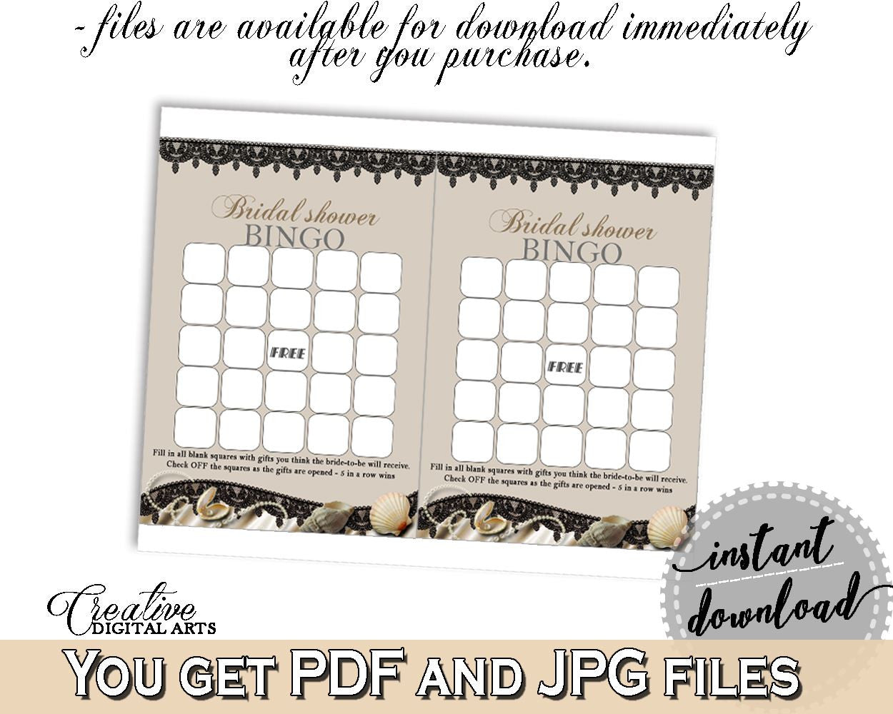 Brown And Beige Seashells And Pearls Bridal Shower Theme: Bingo Gift Game - empty bingo cards, bridal shower pearls, printables - 65924 - Digital Product