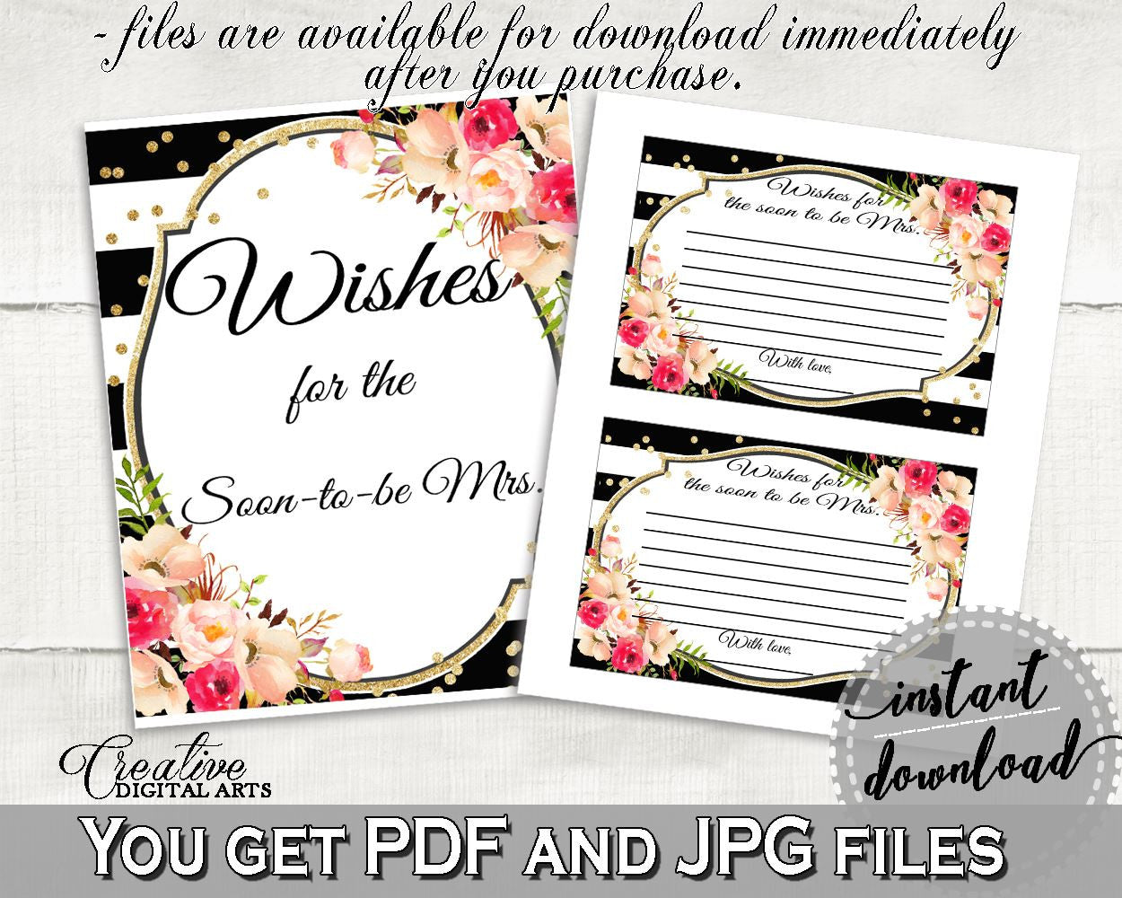 Wishes For The Soon To Be Mrs in Flower Bouquet Black Stripes Bridal Shower Black And Gold Theme, good wishes, prints, party décor - QMK20 - Digital Product