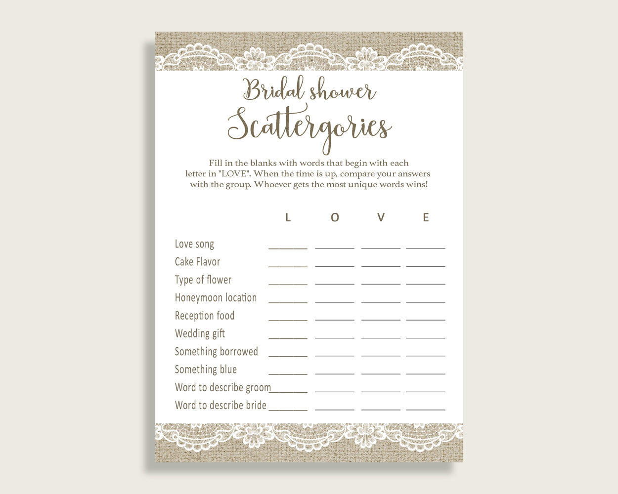 Scattergories Bridal Shower Scattergories Burlap And Lace Bridal Shower Scattergories Bridal Shower Burlap And Lace Scattergories NR0BX