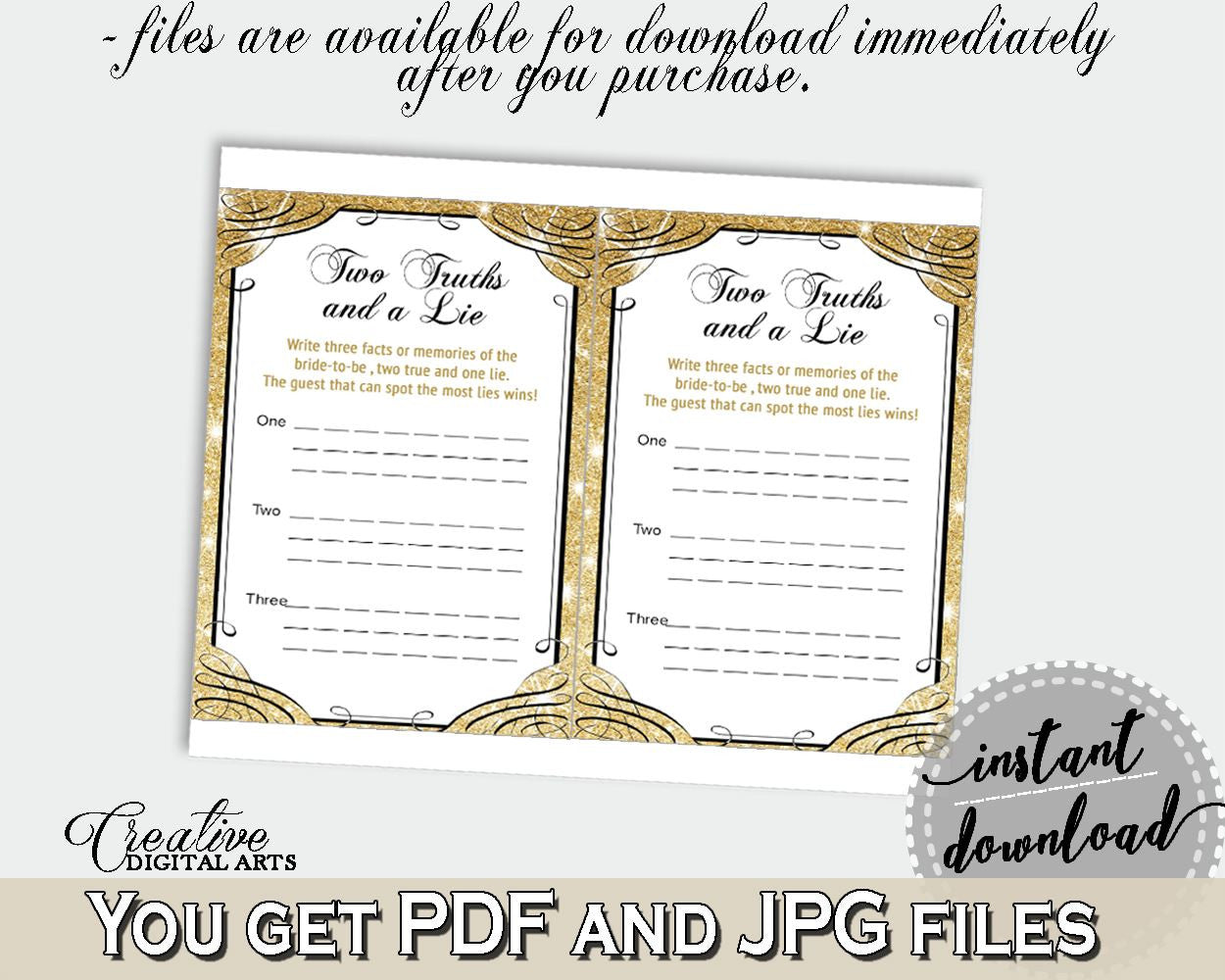 Gold And Yellow Glittering Gold Bridal Shower Theme: Two Truths And A Lie Game - truth and lie game, blazing shower, party décor - JTD7P - Digital Product