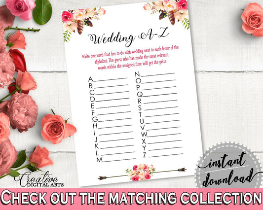 Bohemian Flowers Bridal Shower Wedding A-Z Game in Pink And Red, abc game, tribal bohemian, bridal shower idea, shower celebration - 06D7T - Digital Product