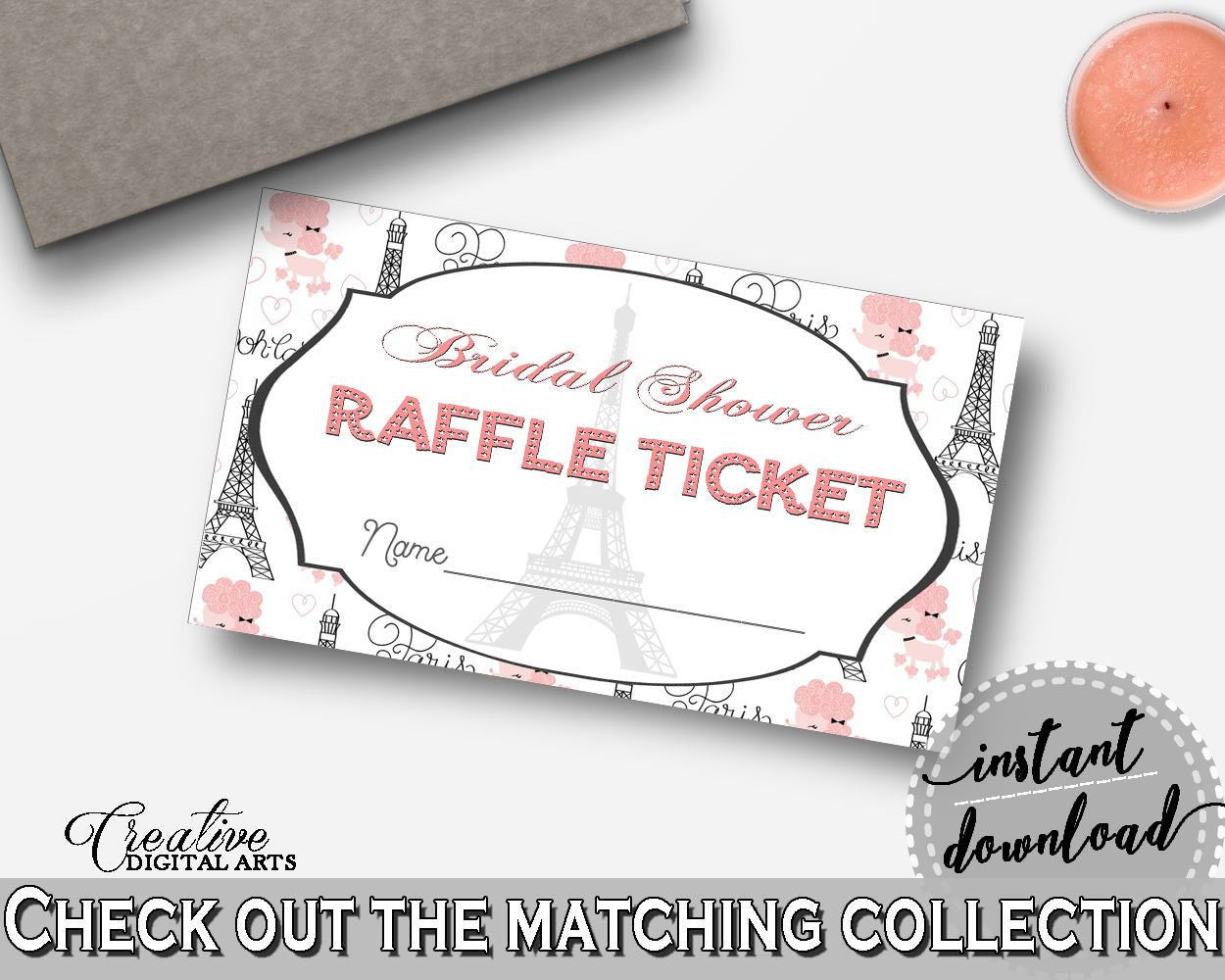 Paris Bridal Shower Raffle Ticket in Pink And Gray, multi purpose, parish bridal shower, party organizing, party organization - NJAL9 - Digital Product