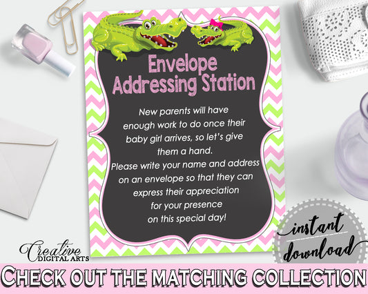 ADDRESS STATION baby shower sign with green alligator and pink color theme, instant download - ap001