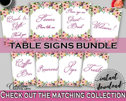 White And Pink Watercolor Flowers Bridal Shower Theme: Table Signs Bundle - bridal wall signs, pink flowers shower, printable files - 9GOY4 - Digital Product