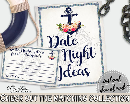 Nautical Anchor Flowers Bridal Shower Date Night Ideas in Navy Blue, print own date ideas, blue anchor, party supplies, party décor - 87BSZ - Digital Product