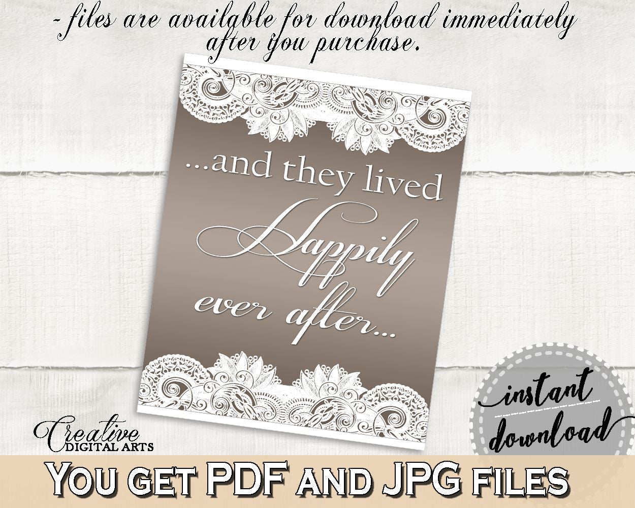 Brown And Silver Traditional Lace Bridal Shower Theme: Happily Ever After Sign - wedding gift, beautiful lace, prints, printables - Z2DRE - Digital Product