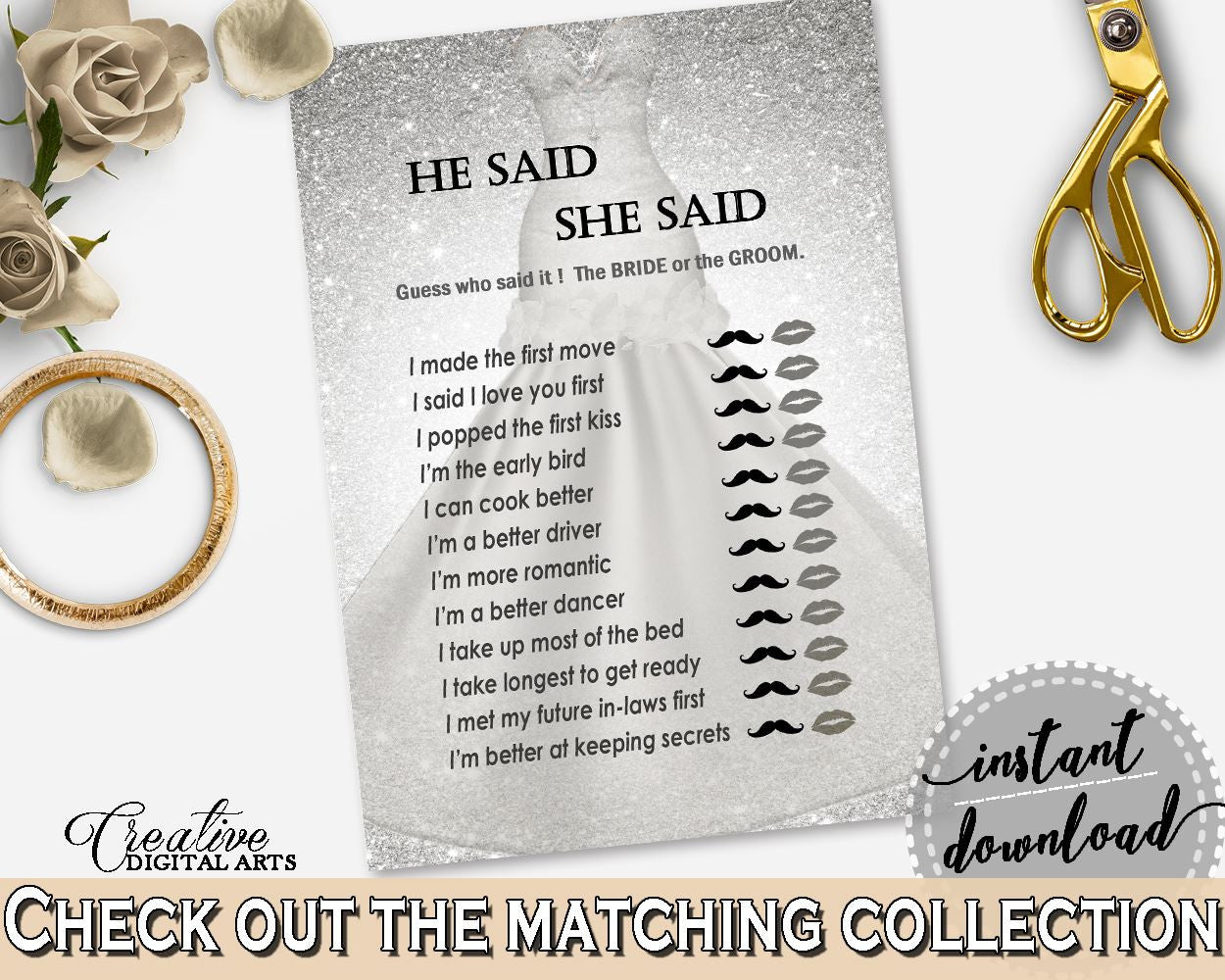 He Said She Said Game in Silver Wedding Dress Bridal Shower Silver And White Theme, bride or groom, party decor, paper supplies - C0CS5 - Digital Product