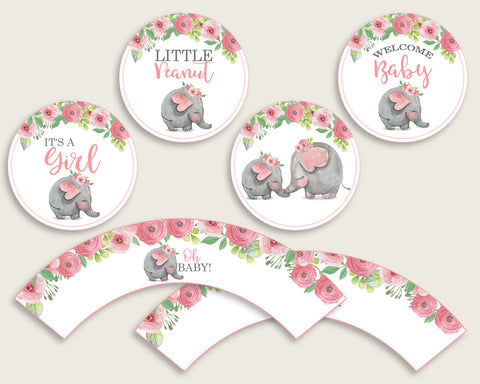 Pink Elephant Cupcake Toppers, Pink Grey Cupcake Wrappers, Toppers Wrappers Baby Shower Girl, Instant Download, Mammoth Safari Theme ep001