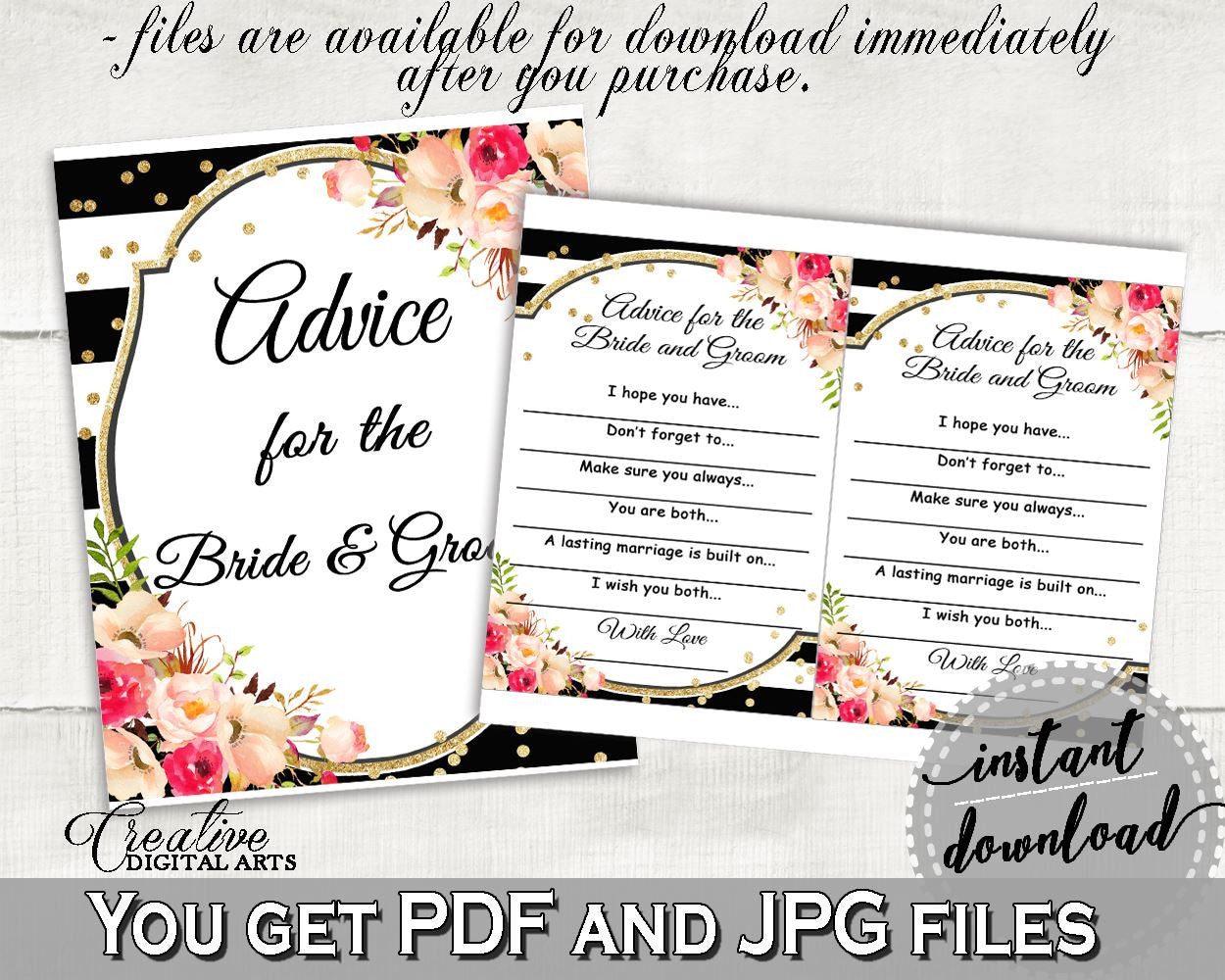 Black And Gold Flower Bouquet Black Stripes Bridal Shower Theme: Advice For The Bride And Groom - bride and groom, party ideas - QMK20 - Digital Product