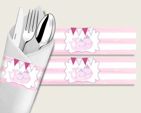 Pink Whale Baby Shower Napkin Rings Printable, Pink White Napkin Wrappers, Girl Shower Utensils Wrap, Instant Download, Sea Animals wbl02