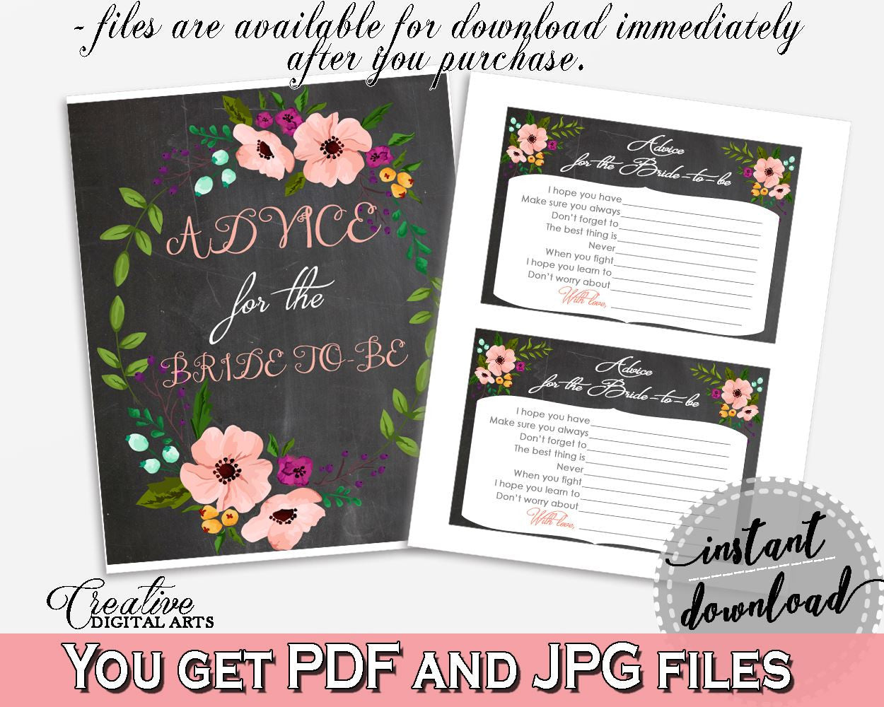 Chalkboard Flowers Bridal Shower Advice For The Bride To Be in Black And Pink, advice cards, chalkboard floral, party organization - RBZRX - Digital Product