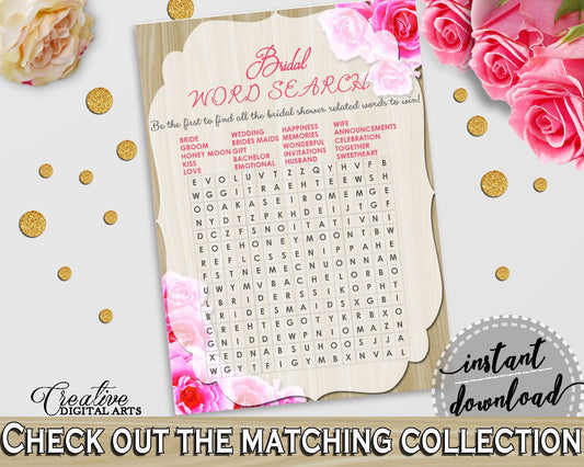 Pink And Beige Roses On Wood Bridal Shower Theme: Word Search - crossword puzzle, vintage roses, party decorations, party stuff - B9MAI - Digital Product