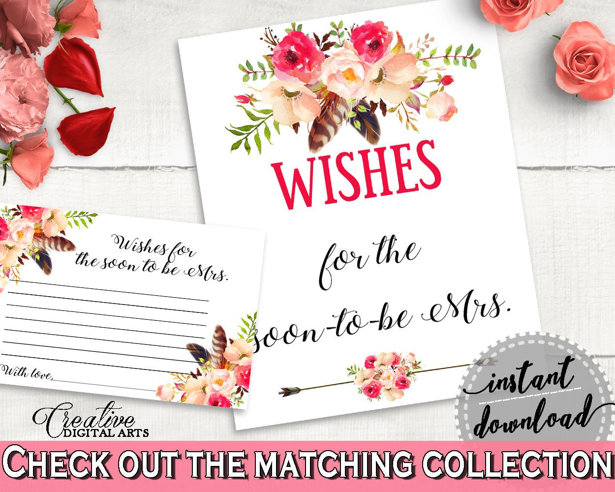 Wishes For The Soon To Be Mrs in Bohemian Flowers Bridal Shower Pink And Red Theme, advice well wishes, party organization, prints - 06D7T - Digital Product