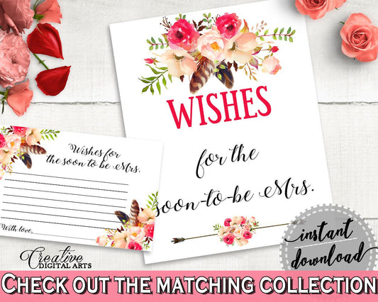 Wishes For The Soon To Be Mrs in Bohemian Flowers Bridal Shower Pink And Red Theme, advice well wishes, party organization, prints - 06D7T - Digital Product