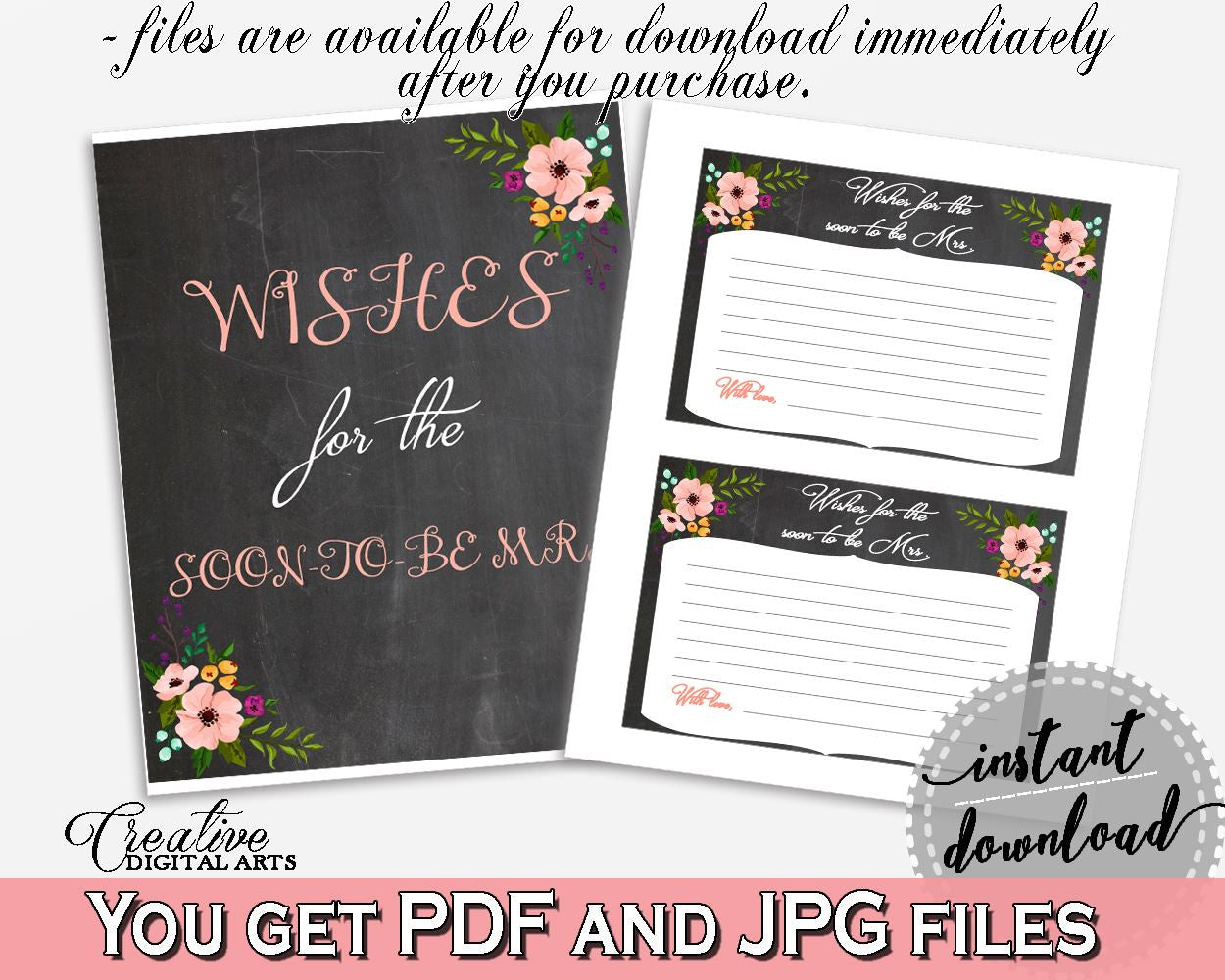 Wishes For The Soon To Be Mrs in Chalkboard Flowers Bridal Shower Black And Pink Theme, best wishes, printable files, party theme - RBZRX - Digital Product