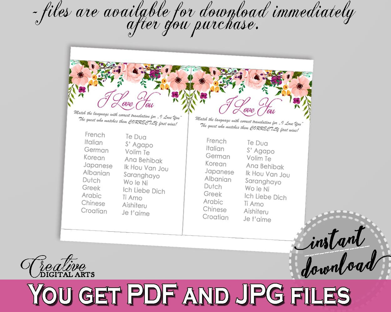 I Love You Game in Watercolor Flowers Bridal Shower White And Pink Theme, love world game, bridal shower floral, party ideas, prints - 9GOY4 - Digital Product